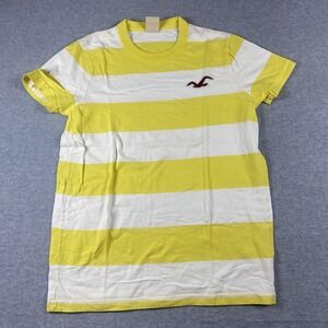 Hollister Shirt Mens Small Yellow White Striped Logo Crewneck Cotton Casual